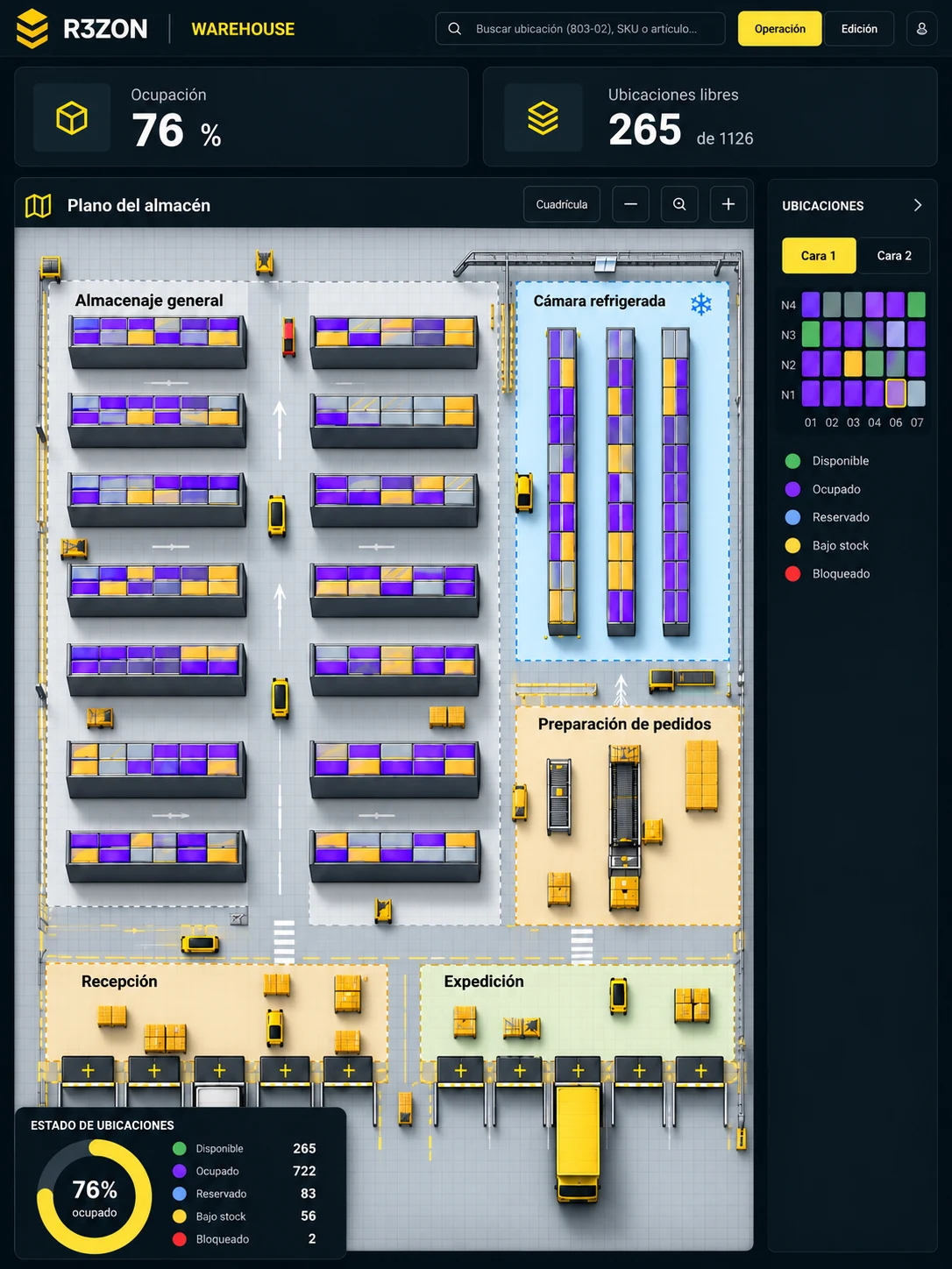 Interfaz de Warehouse con plano cenital, ocupación y ubicaciones de stock